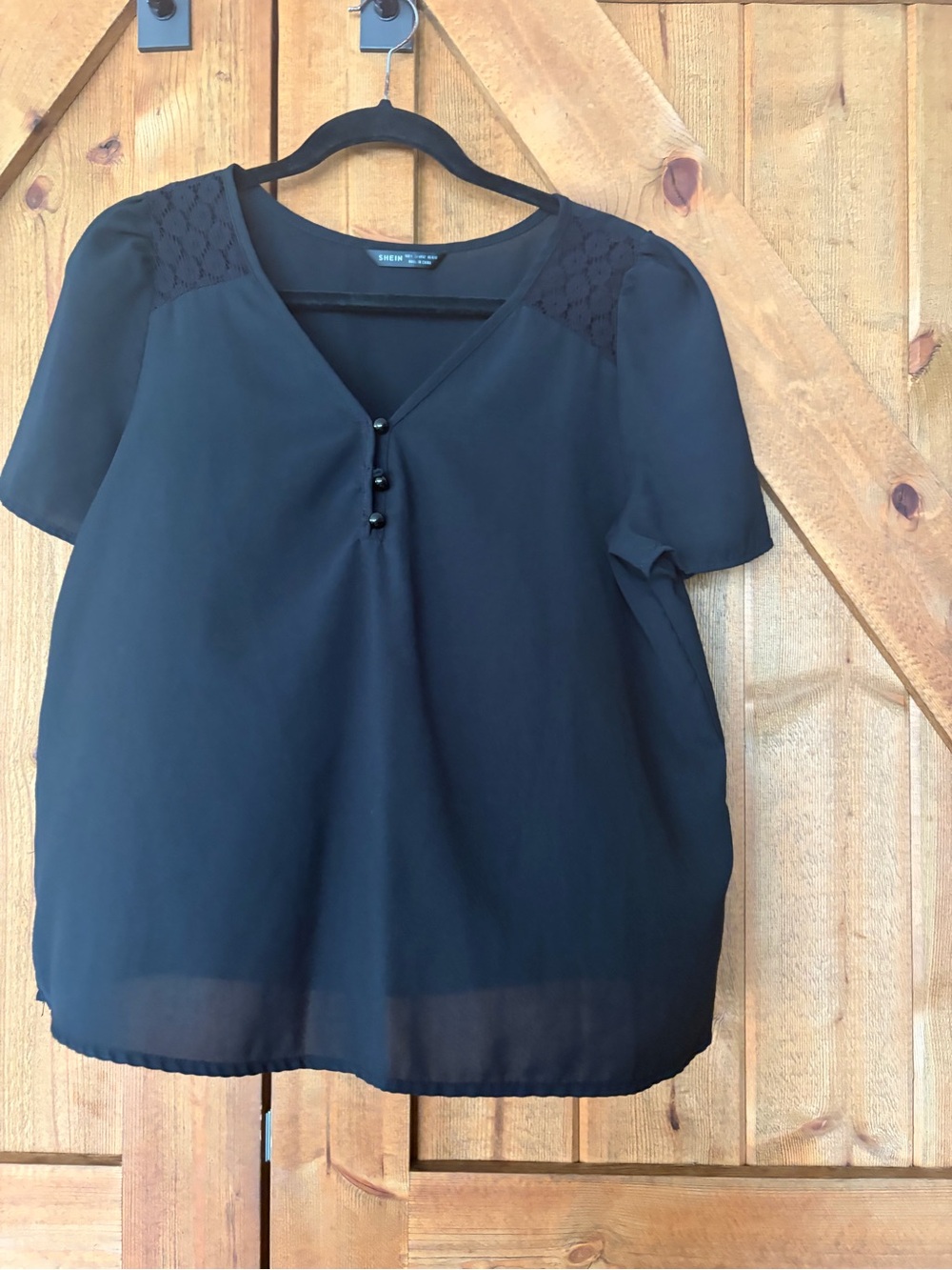 SHEIN Black Short-Sleeve V-Neck Blouse with Lace Shoulders
